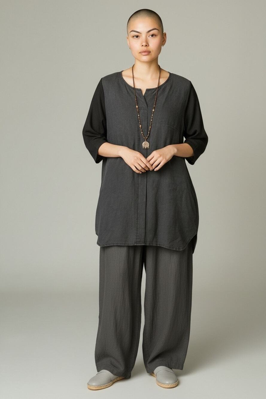 Minimalist Black 100% Linen 3/4 Sleeve Blouse - Korean Chic Aesthetic Large